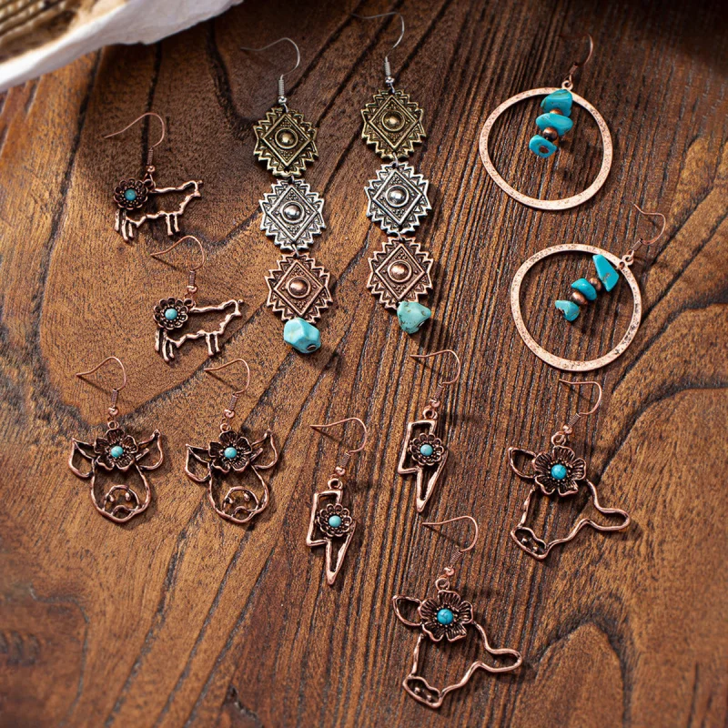 

Turquoise Ranch Cow Horse Lightning Earrings