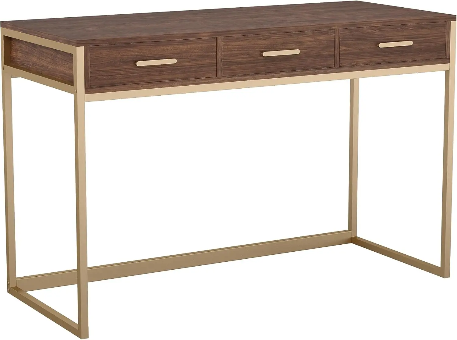

Ollie Home Office Desk With 3 Drawers In Walnut Wood Grain With Polished Brass Hardware