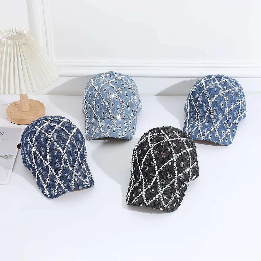 Rhinestone Distressed Denim Baseball Cap Y2k Bling Diamond Grid Trucker Hat Ripped Adjustable Frayed Destroyed Streetwear Casual