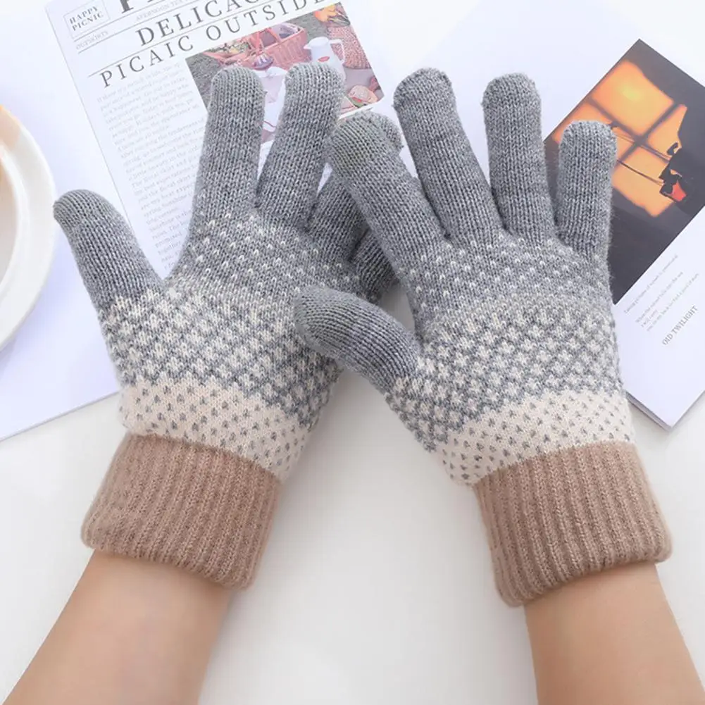 Funny Women Gloves Ribbed Cuffs Comfortable Winter Gloves Winter Striped Splicing Double Layer Fleece Lining Knitting Gloves