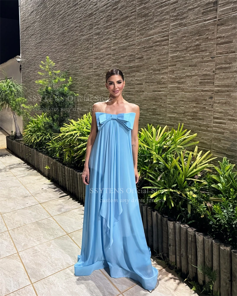SSYTENS エレガントなブルーシフォンイブニングドレスストラップレスロングパーティードレス弓ノースリーブウェディングウエディングドレス 2026 カスタマイズ