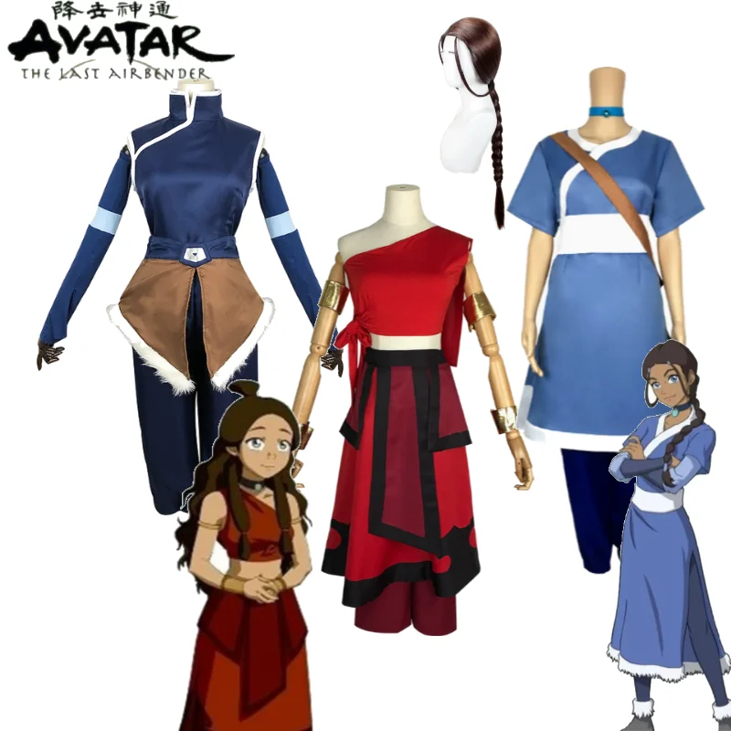 Korra Katara Cosplay Costume Avatar：The Last Airbender Red Dress Southern Water Tribe Jacket Wig Set Halloween Party Suits