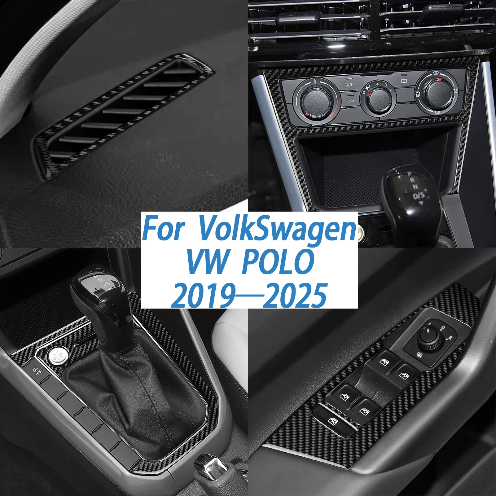 Pour Volkswagen VW POLO 2019-2025 – Autocollant de garniture intérieure en fibre de carbone pour lève-vitre, console de commande de vitesses, lecteur CD et climatisation