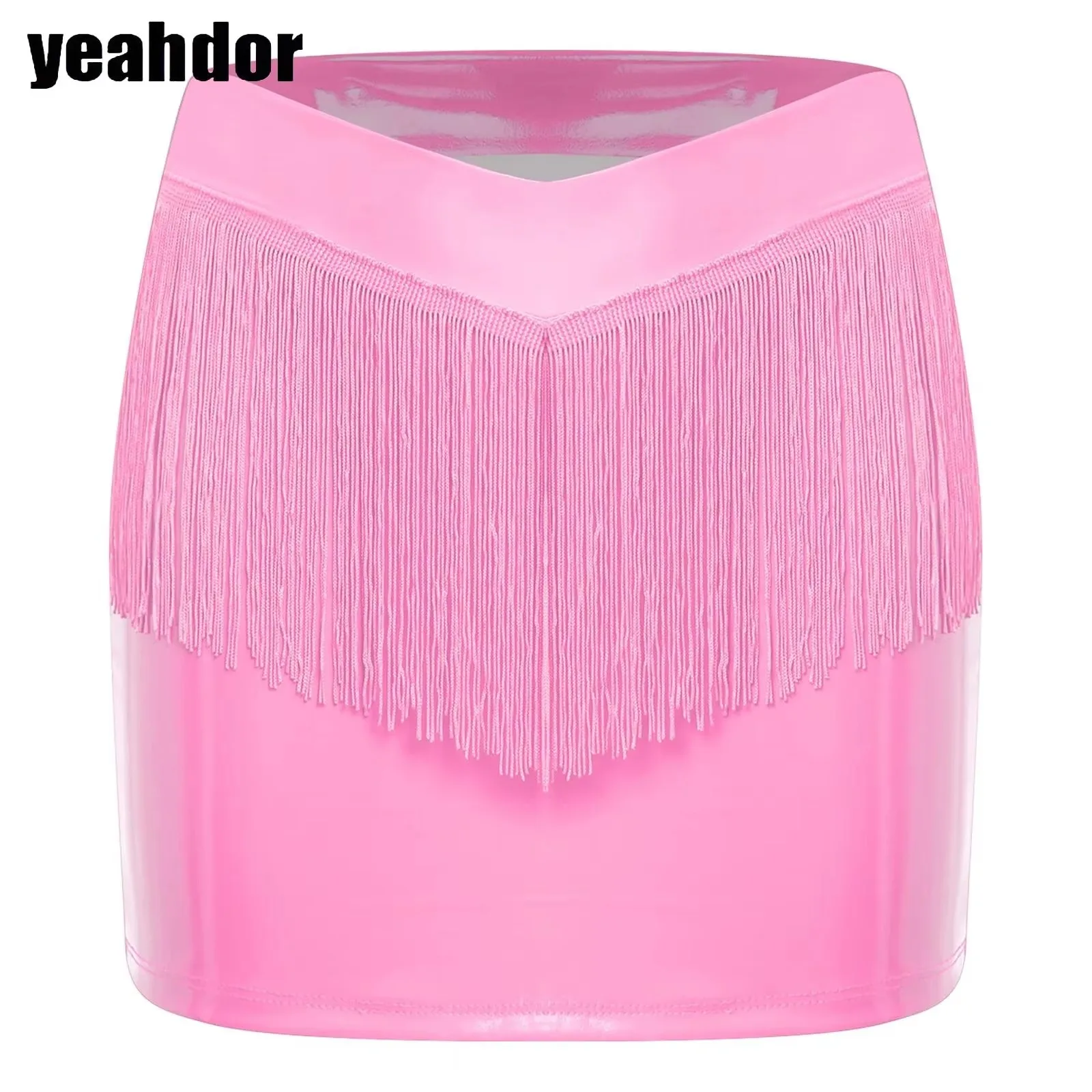 

Sexy Women Patent Leather Fringed Skirt V-Front Side PU Leather Miniskirt for Nightclub Dance Rave Party Music Festival Costumes