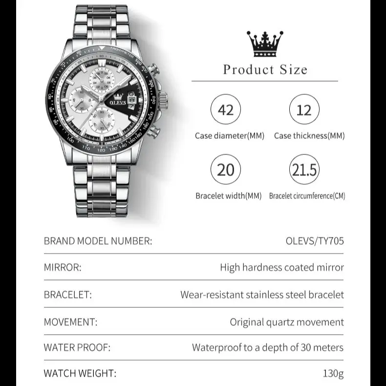 ساعة OLEVS TY705 للرجال فاخرة مقاومة للماء ساعة كوارتز مضيئة متعددة الوظائف توقيت ساعة رياضية أصلية للرجال