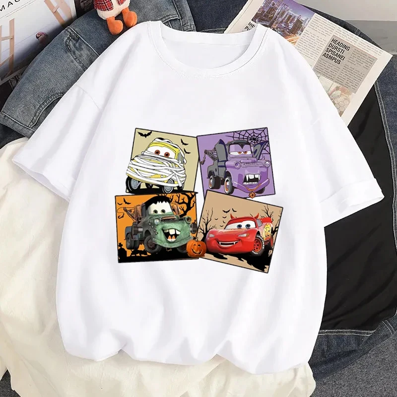 Camiseta con estampado de coche Pixar Lightning McQueen 95, camisetas gráficas de calabaza de Halloween, camisetas informales con cuello redondo para mujer de verano