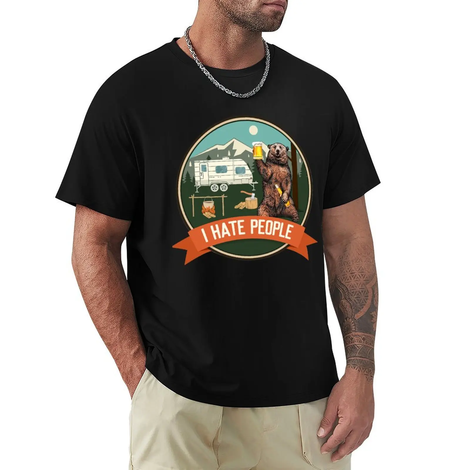 I Hate People Camping Retro Vintage Bear Camper T-Shirt Fashion Print Casual Short Sleeve