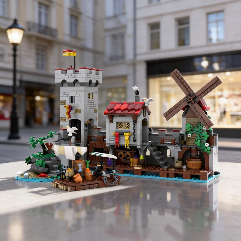 

1254pcs MOC Medieval Seaside Market Extra Modules Seasonal Advent Castle Fortress Model Building Blocks Diorama Figure Toy Gift