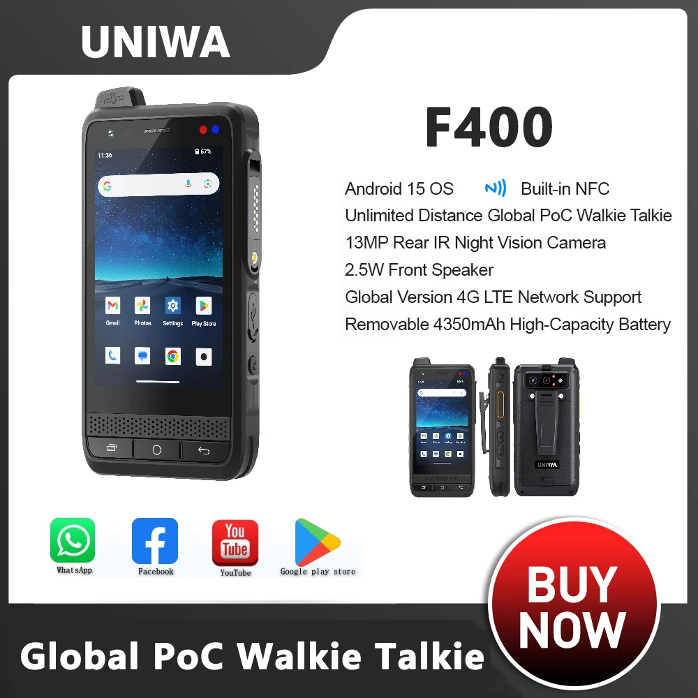 

UNIWA F400 Прочный КПК с PoC Walkie Talkie Смартфон Zello IP65 Android 15 4350 мАч 4,0 дюйма 4G Global Range Walkie Talkie NFC