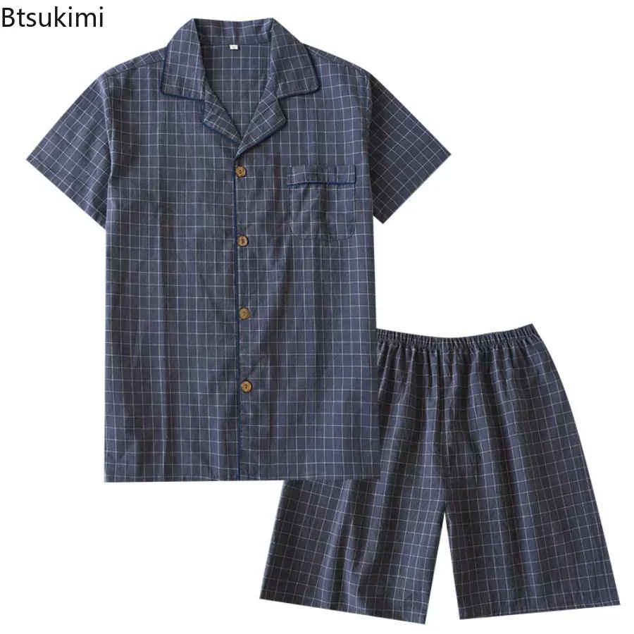 2025 Men's Summer Pajamas Sets Thin Short Sleeved Shirt and Shorts Soft Plaid Cotton Simple Japanese Home Service Suit Sets Male