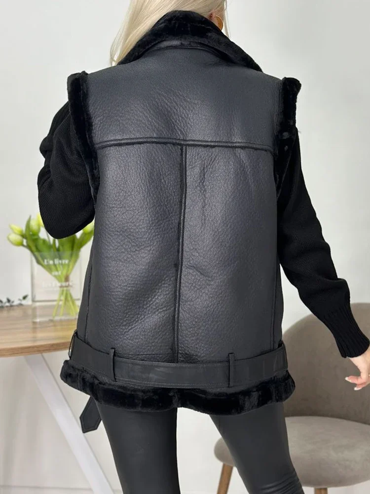 Streetwear Women Loose Thick Warm Sleeveless Faux Soft Fur Leather Vest Autumn Winter Female Zipper Belt Waistcoat Tops