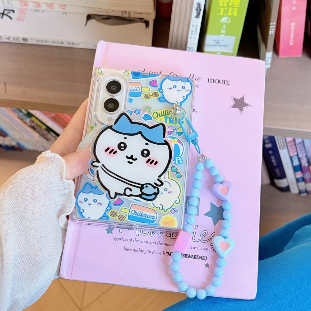 Cute Cartoon Japan Anime Chiikawa Usagi Hachiware Stand Holder Phone Case For Samsung Galaxy Z Fold 8 7 6 5 Case With lanyard