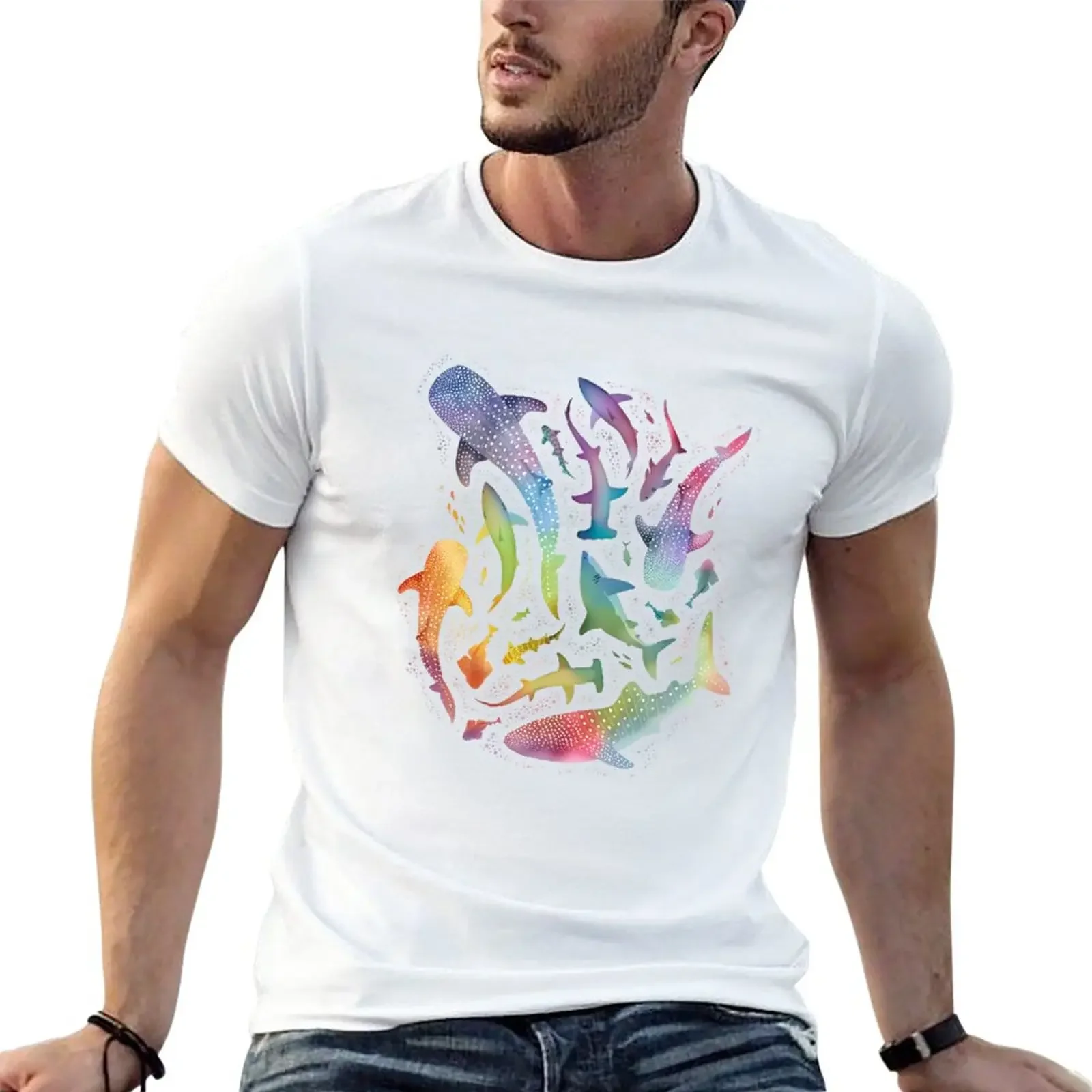 

New Rainbow shark ocean on white T-Shirt T-shirt for a boy black t shirts oversized t shirts plain t shirts men