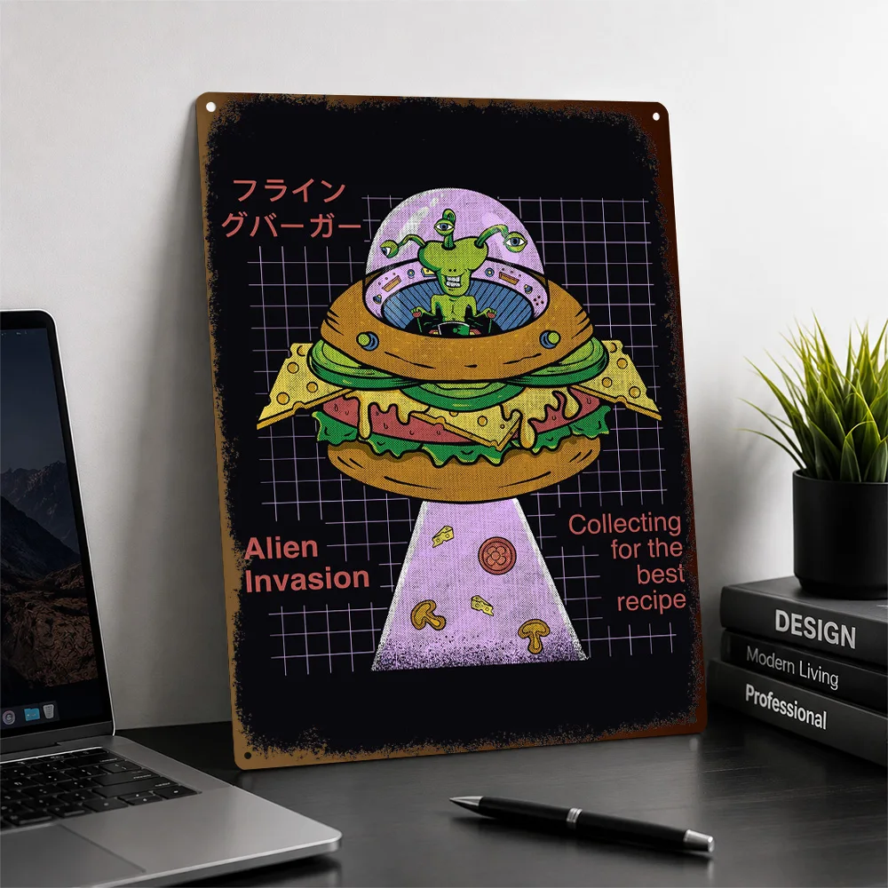 Outer Space Burger Invasion Aluminum Poster Retro Illustrated Wall Art For Kitchen Personalized Metal Sign Housewarming Gift