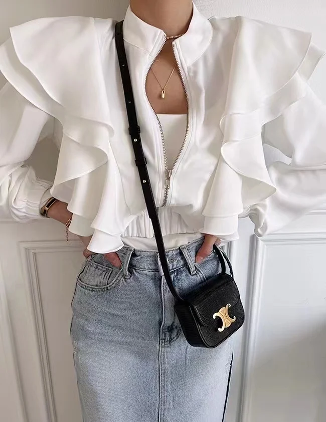 

2023 New Women's Stand Collar irt Pleated Hem Elastic Waist Slim Fit ort Zipper Thin Top Coat Korean Sle Long Sve