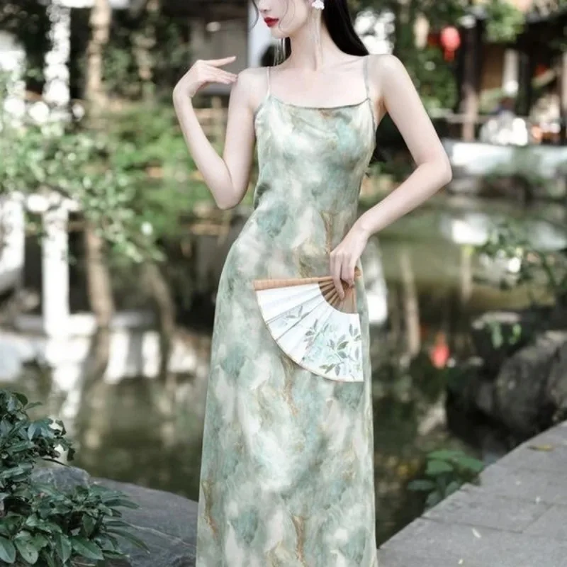 

Women's Chinese Ink Wash Print Spaghetti Strap Maxi Dress V Neck Slim Fit High Waist Elegant Oriental Midi Dress In Green Beige