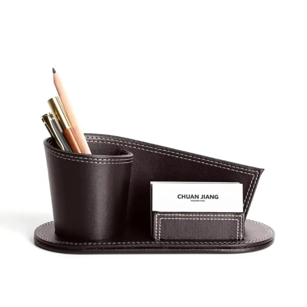 Multifunctional Leather Pen Holder Leather Creative Business Card Stand With Business Card Slot Desk Organizer Holder