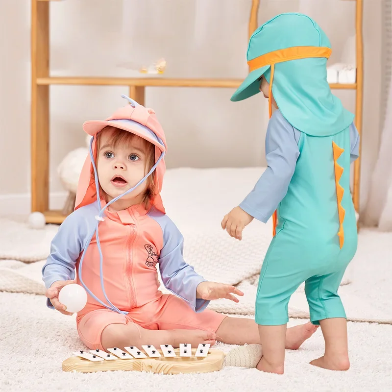 Baju renang anak laki-laki UV, Jumpsuit renang satu potong kerutan, pakaian mandi SPF 50 lengan panjang untuk anak perempuan 1-7 tahun