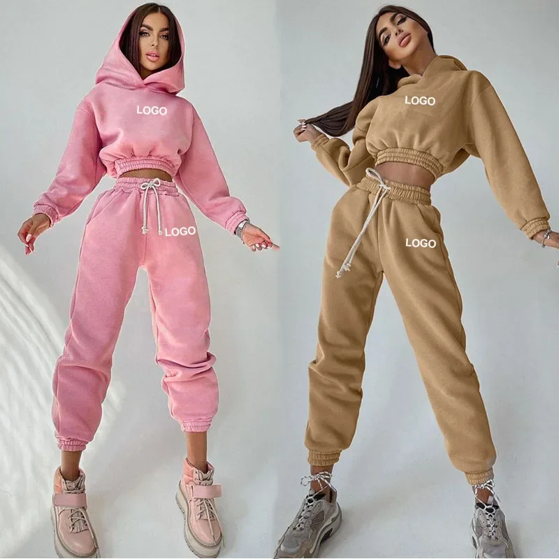 2022 Customize Sports Sweatshirt Sweatpants And Hoodie Set Long Sleeve Crop hoodie Jogger Women set Fleece Warm Winter Tracksuit