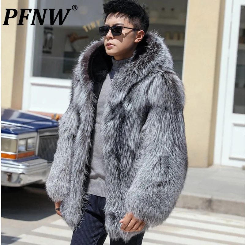 PFNW Hooded Faux Fox Fur Jacket For Men 2024 New Loose Fit Thick Winter Coat Soft Silver Grey Causl Padded Liner Jacket 12C1170