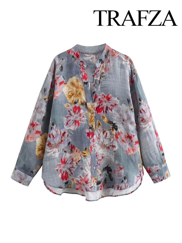 

TRAFZA Summer Women Elegant V-Neck Single-Breasted Long Sleeves Tops Female Chic Floral Printed Buttons Decoration Shirt Mujer