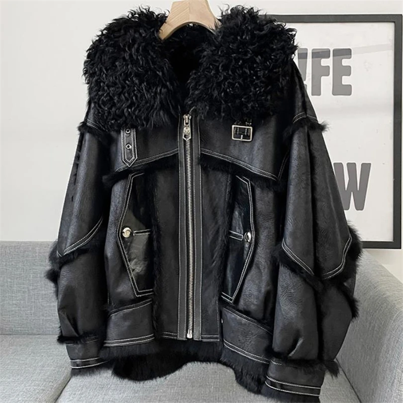 2023 winter new double faced rabbit fur coat Women fashion short lambswool collar genuine fur jacket Loose warm Outerwear Y3275