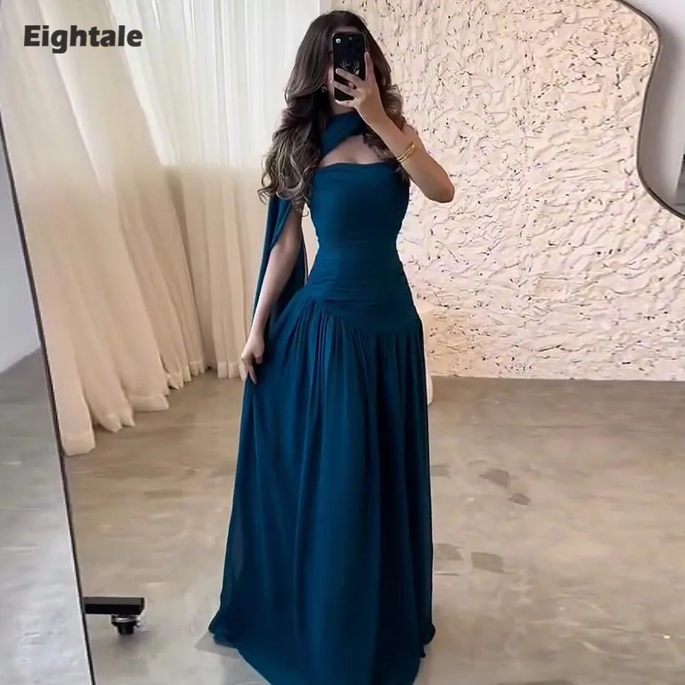 

Eightale Arabic Evening Dress Halter -Line Chiffon Pleats Floor Length Customized Prom Wedding Gown Party Dress Robe De Soirée