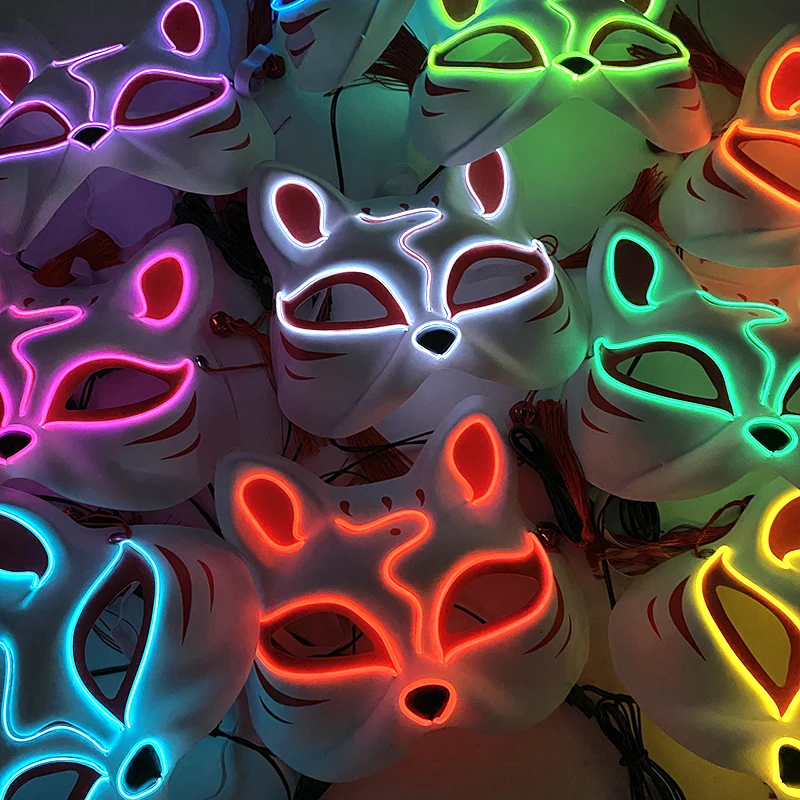 Maschera per spettacoli di danza incandescente in stile giapponese di Halloween Maschera per gatti a mezza faccia luminosa a LED Forniture per