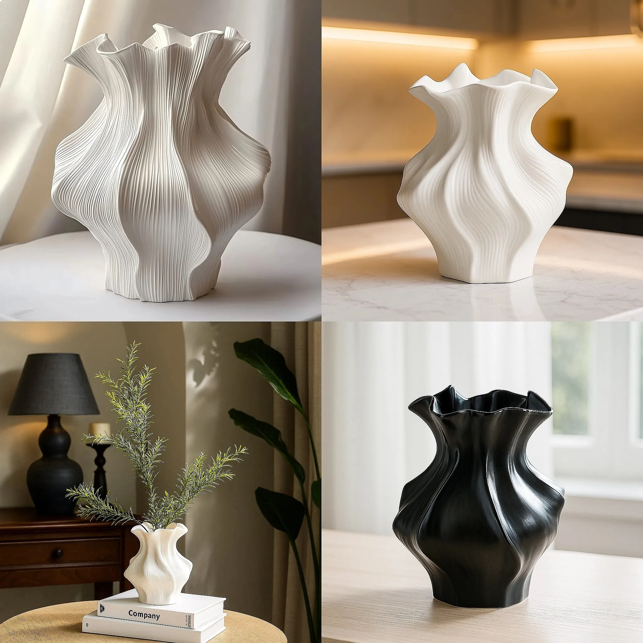 Nordic Minimalist White Textured Ceramic Vase 3D Wave Pattern Tabletop Decor Flower Vase for Living Room Bedroom Dried Flowers
