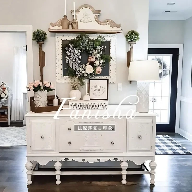 French entrance cabinet retro European style living room dining side cabinet solid wood carving flower against the wall white