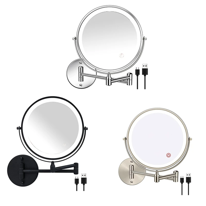 

8In Chargeable Wall Mounted Vanity/Bathroom Double Side Mirror 1X/10X Enlarge LED&3Color Temp Touch Screen 360° Rotat