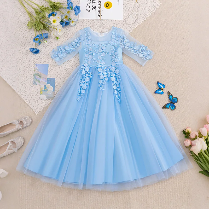 

8-12 years blue wedding dresses for Girls princess dress high-end children host piano performance clothes