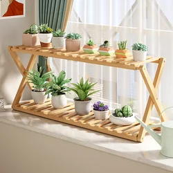 Foldable bamboo Flower Stand Windowsill Balcony Shelving Double Partition Floor Pot Succulent Pot Holder