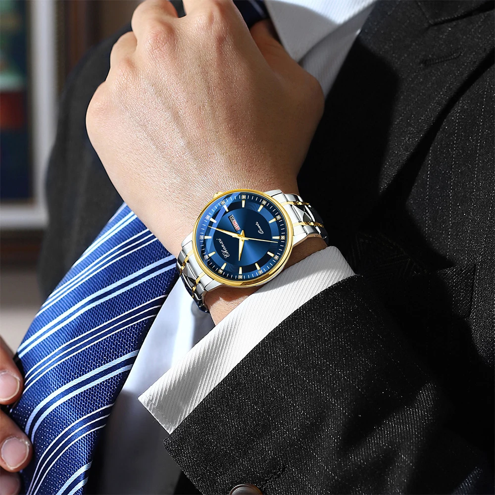 패션 비즈니스 남자 손목 시계 CHENXI 라운드 다이얼 달력 주 표시 쿼츠 시계 남자를위한 빛나는 방수 시계