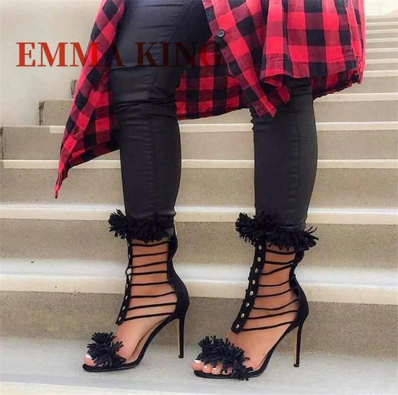 

Black Suede Strappy Fringe Sandals Women Open Toe Stiletto Heels Sandals Ladies Luxury Summer Ankle Tassels Sandals Shoes