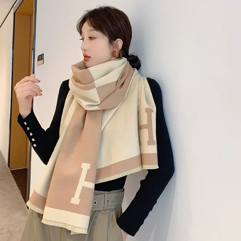 Women's Imitation Cashmere Scarf Versatile Thick and Warm Double-sided Letter Shawl European American Autumn Winter New Style