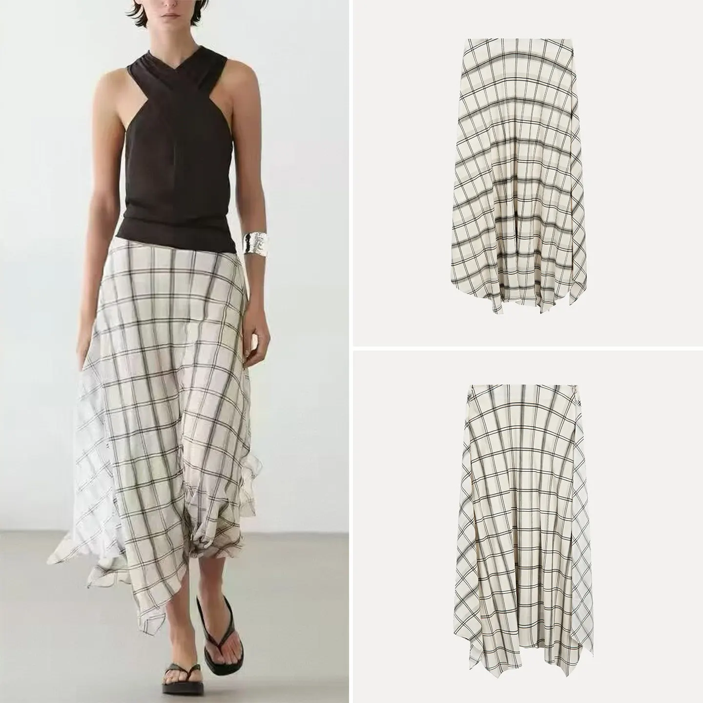 ZADATA Women's Asymmetric Midi Skirt 2026 Summer Season Irregular Plaid Standard Fit Ladies mid Waist Other Material Skirts