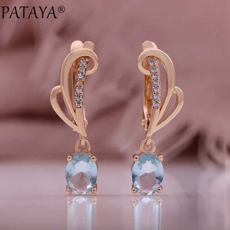 PATAYA New 585 Rose Gold Color Drop Earring for Women Fashion Light Blue Natural Zircon Accessories High Quality Daily Jewelry