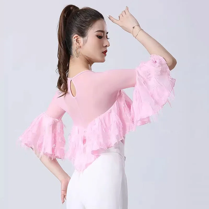 2023 New Half-sleeved Waltz Blouse Women Modern Dance Clothes  Bodysuit Ballroom Latin Dance Leotard Tops