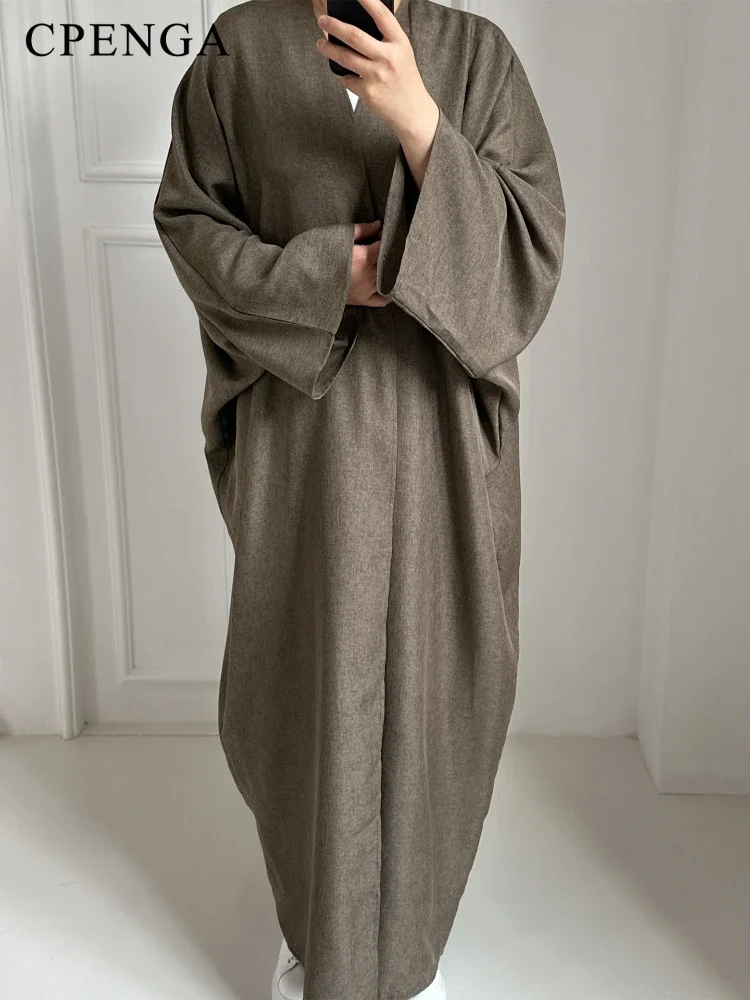 

Eid Ramadan Open Abaya for Women Plain Dubai Causal Cotton Linen Modest Abayas Kimono Turkey Muslim Coat Islamic Clothing Robe