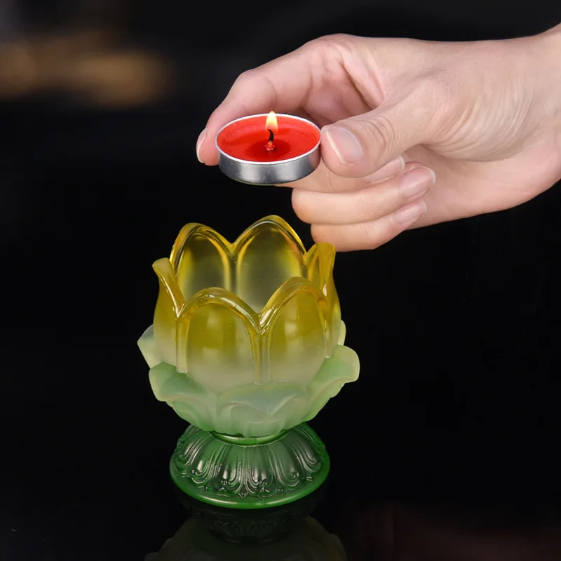 Colorful Glass Butter Lamp Lotus Lamp Holder Decoration Household Windproof Candlestick Buddha for Butter Lamp