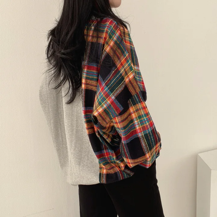 Spring Round Neck Plaid Long Sleeve 2025 Sensibility Korean Style Niche Design Printing Loose Fit Pullover Sweatshirt For Women