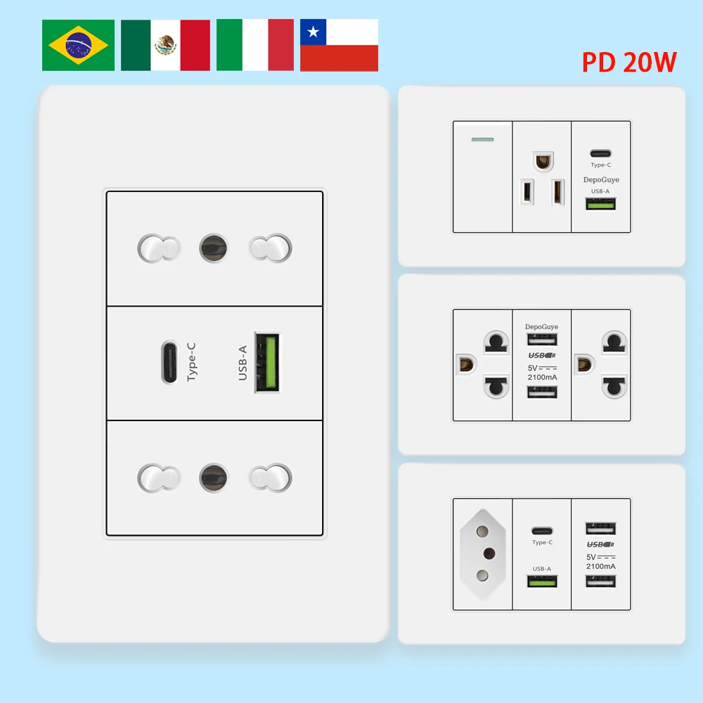 Italia Chile México USB inteligente tipo c 20W enchufe de pared de carga rápida, Panel de interruptor de luz eléctrica de Brasil enchufe USB c Universal