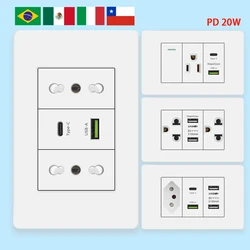 Italy Chile Mexico USB Smart Type-c 20W Fast Charging Wall Outlet plug,Brazil Electric Light Switch Panel Universal usb c Socket