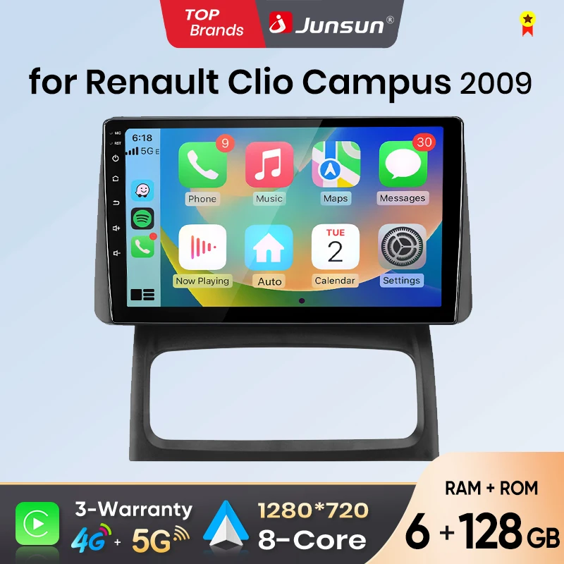 Autoradio Junsun sans fil CarPlay Android Auto pour Renault Clio 2 2000 2001 2002 2003-2012 FM RDS DSP BT GPS Navi SWC Écran tactile HD IPS Plug & Play Lecteur multimédia Appel mains libres Style d'origine de la voiture Unité centrale