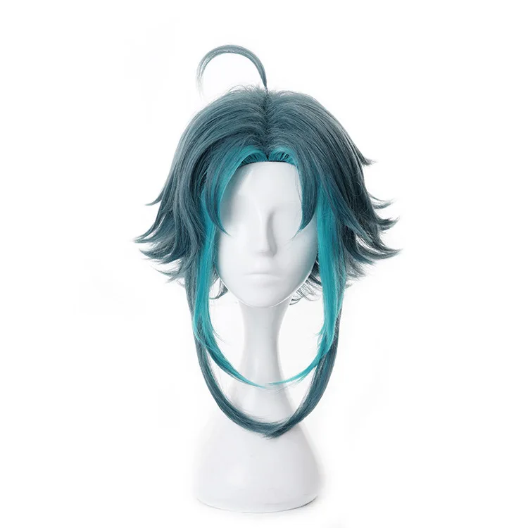 

Game Genshin Impact Xiao Cosplay Wigs +Wig Cap Wig Mixed Dark Green Blue Short Heat Resistant Synthetic Hair Halloween Role Play