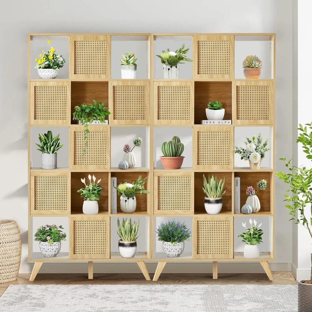 Natural Rattan Bookcase, Wooden 5 Shelf Bookcase with Rattan Sliding Doors, Office Display Cabinet, Creative Display Bookcases