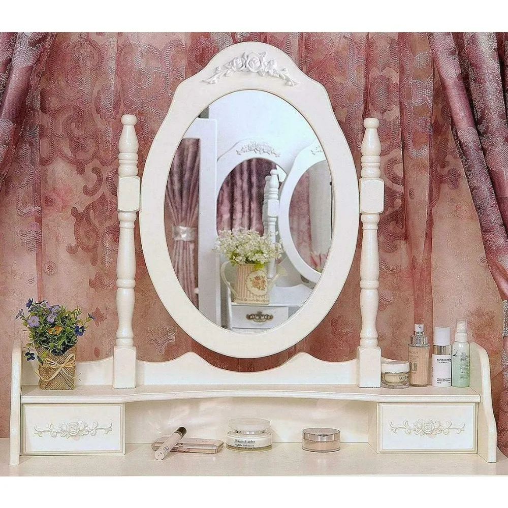 White Makeup Jewelry Makeup Dressing Table Set with Chairs, 4 Drawers, Mirrors, Wooden Table Bedroom Furniture Home Furniture