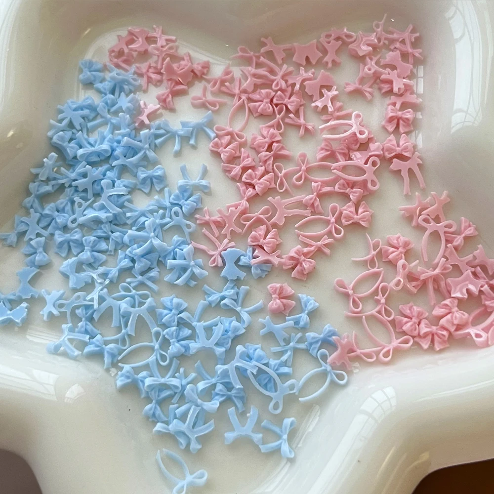 ﻿ 100 قطعة القوس الشريط الوردي مسمار الديكور ثلاثية الأبعاد الراتنج Kawaii الدانتيل Bowknot التعادل مسمار الملحقات الأبيض/الأزرق الحلو مانيكير السحر أجزاء
