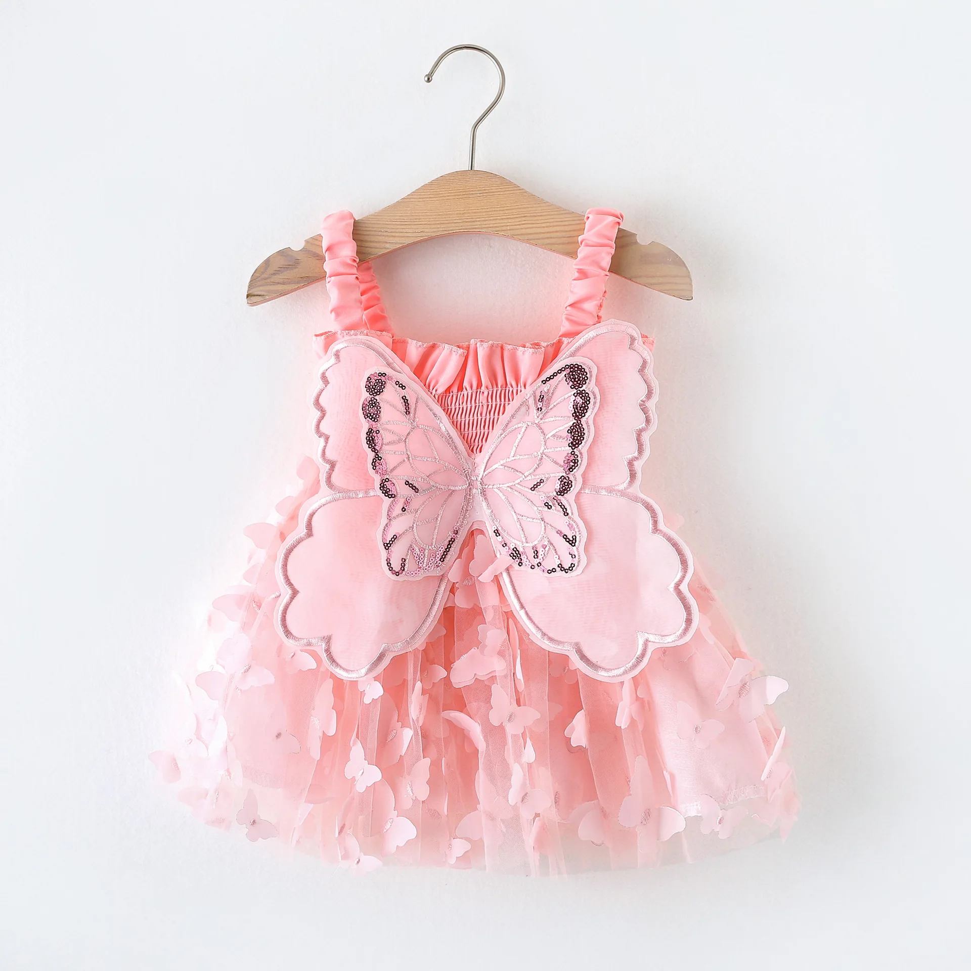 Sweet Beauty Children'S Dress 2024 Summer New Solid Color 3D Butterfly Embroidery Mesh Flying Sleeves Daily Knee Length 0-3 Year